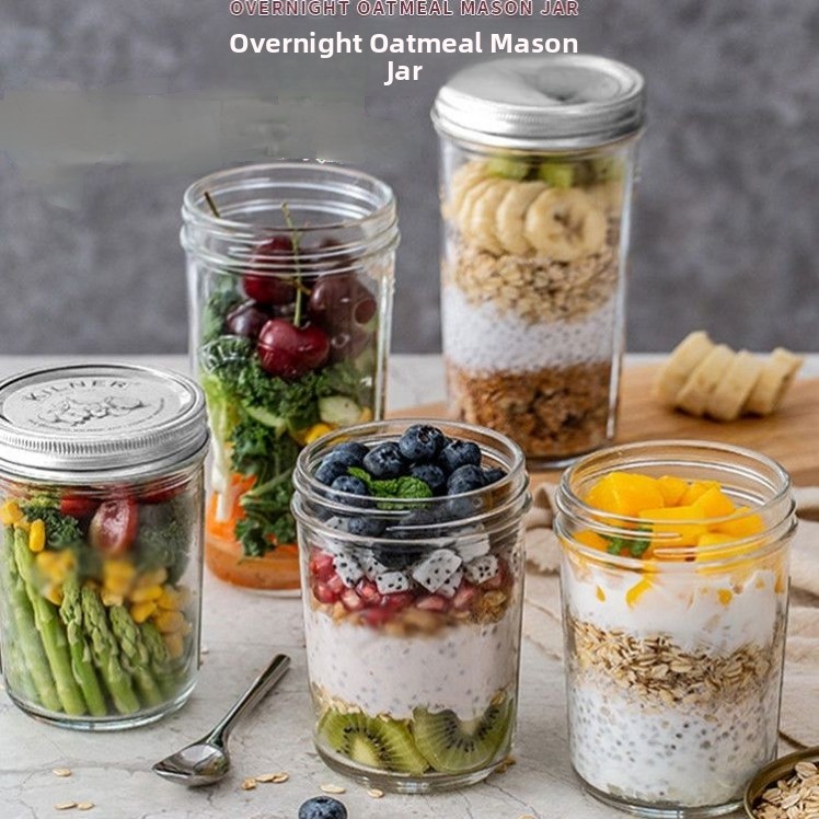 Mason Jar 8Oz - 大きな口のガラス製メイソンジャー 密閉容器 透明 スケール付き アメリカンスタイル オーバーナイトオーツ