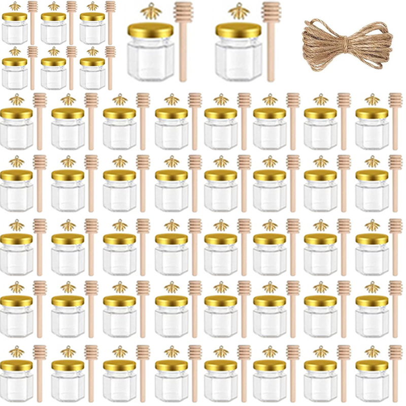 Mason Jar 8Oz - 12/24/36/48個入りミニガラス製ハニーポットセット、ガラス製密封瓶、1.5オンス六角形の瓶、木製スプーン、蓋、蜂のチャーム付き、結婚式やパーティーの記念品に最適