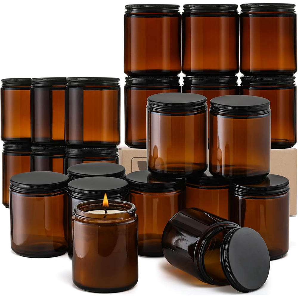 8オンスの琥珀色ガラス瓶（黒蓋付き）- キャンドル作り、食品 - Mason Jar 8Oz のレビューと価格